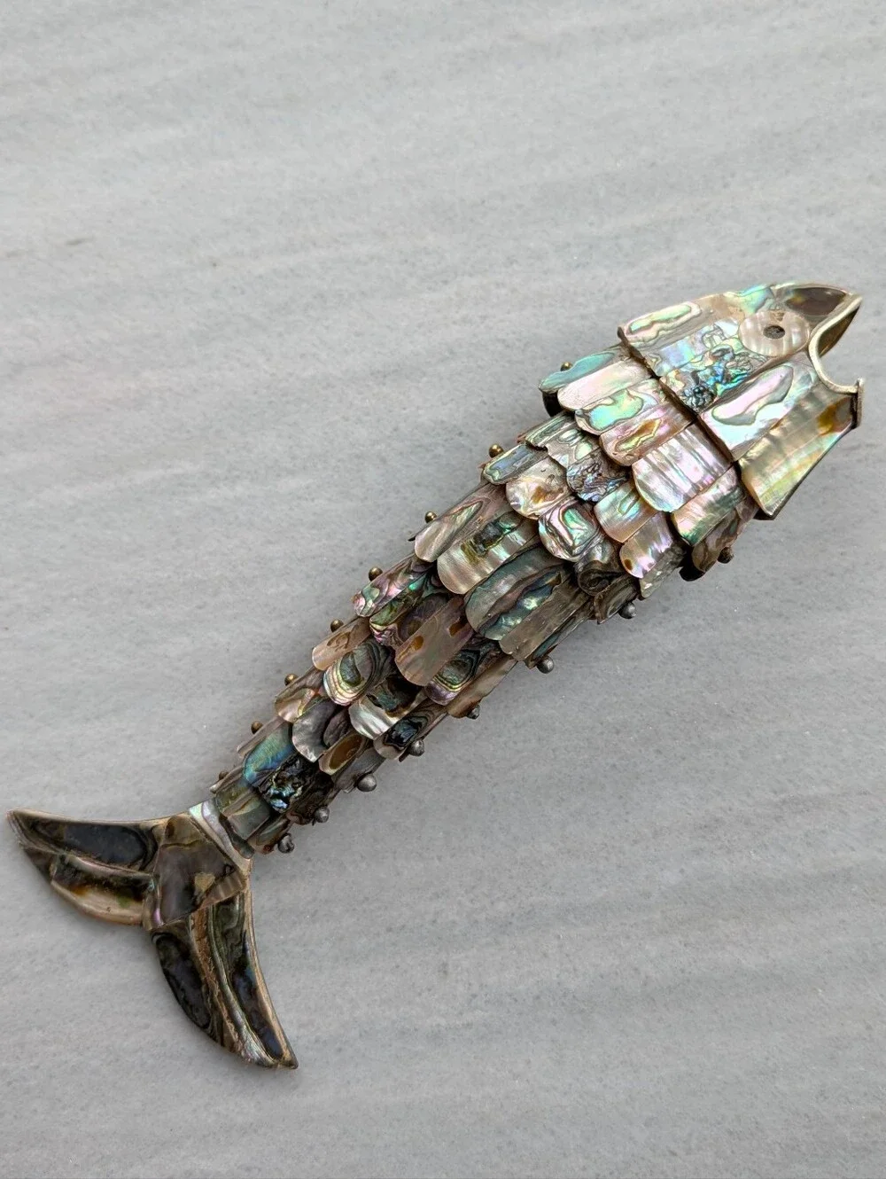 vintage ABALONE SHELL articulated fish bottle opener